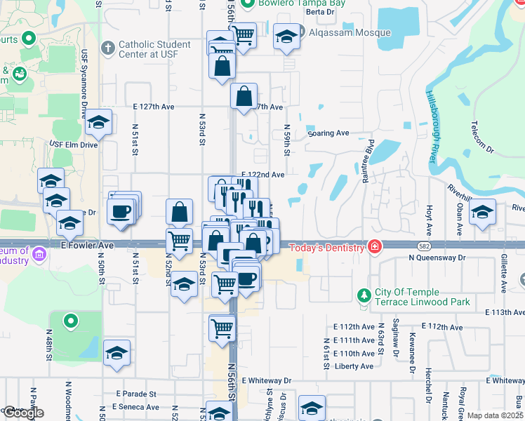 map of restaurants, bars, coffee shops, grocery stores, and more near 11716 North 58th Street in Tampa