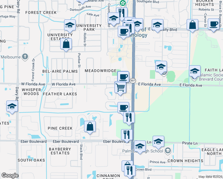 map of restaurants, bars, coffee shops, grocery stores, and more near 3502 D'Avinci Way in Melbourne