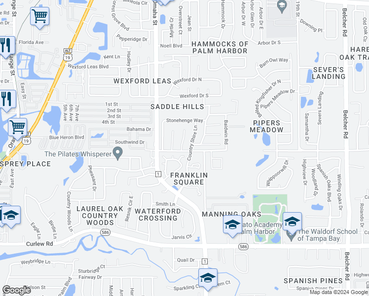 map of restaurants, bars, coffee shops, grocery stores, and more near 795 Moorland Lane in Palm Harbor