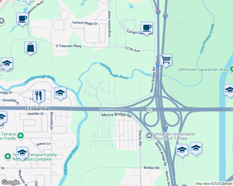 map of restaurants, bars, coffee shops, grocery stores, and more near 11723 Unicorn Road in Tampa