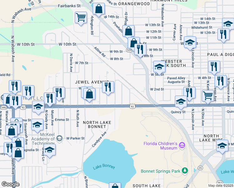 map of restaurants, bars, coffee shops, grocery stores, and more near 1031 Crestview Avenue in Lakeland
