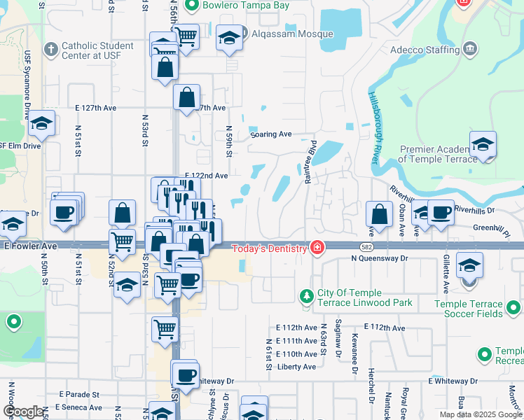 map of restaurants, bars, coffee shops, grocery stores, and more near 11714 Raintree Village Boulevard in Temple Terrace