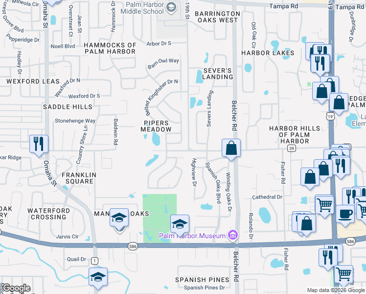 map of restaurants, bars, coffee shops, grocery stores, and more near 1879 Nuthatch Way in Palm Harbor