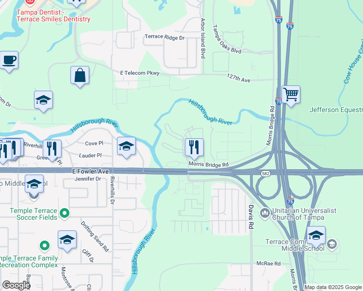 map of restaurants, bars, coffee shops, grocery stores, and more near in Temple Terrace