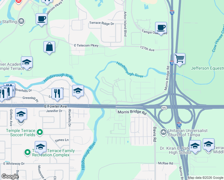 map of restaurants, bars, coffee shops, grocery stores, and more near 8900 Fishermans Pointe Drive in Temple Terrace