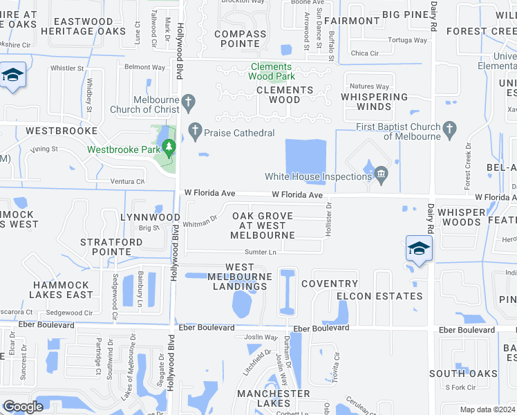 map of restaurants, bars, coffee shops, grocery stores, and more near 1550 Whitman Drive in West Melbourne