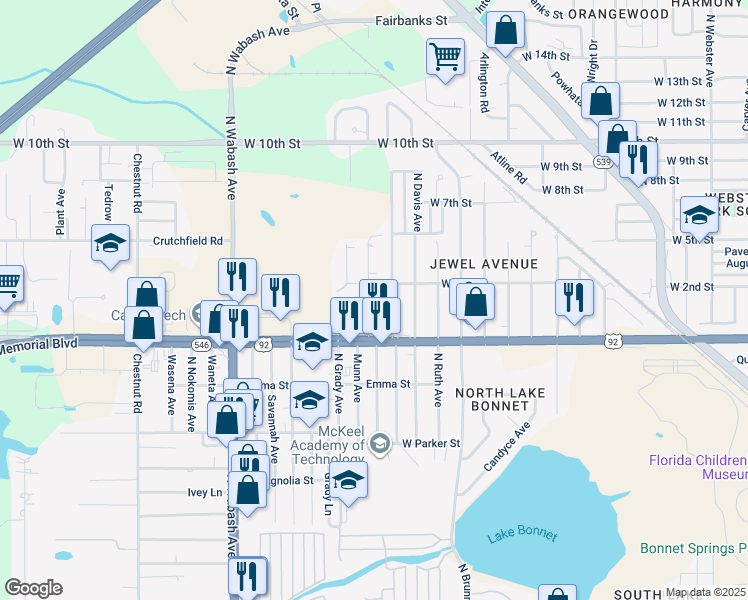 map of restaurants, bars, coffee shops, grocery stores, and more near 1045 North Swindell Avenue in Lakeland