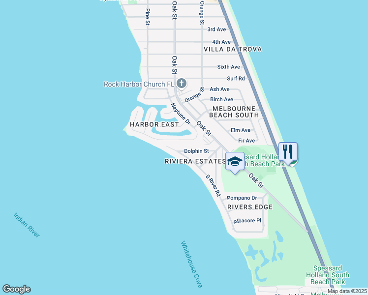 map of restaurants, bars, coffee shops, grocery stores, and more near 2040 South River Road in Melbourne Beach