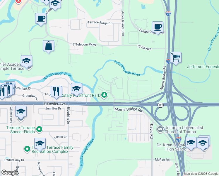 map of restaurants, bars, coffee shops, grocery stores, and more near 8900 Fishermans Pointe Drive in Tampa