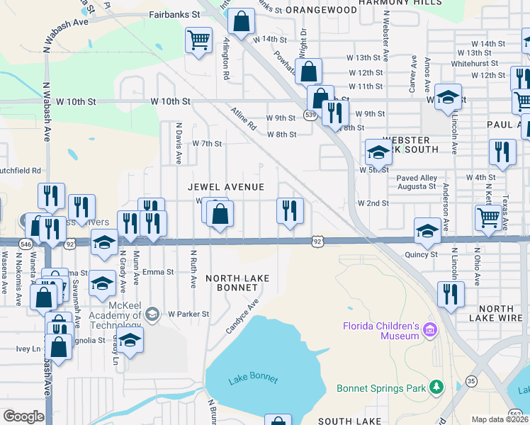 map of restaurants, bars, coffee shops, grocery stores, and more near 1036 Crestview Avenue in Lakeland