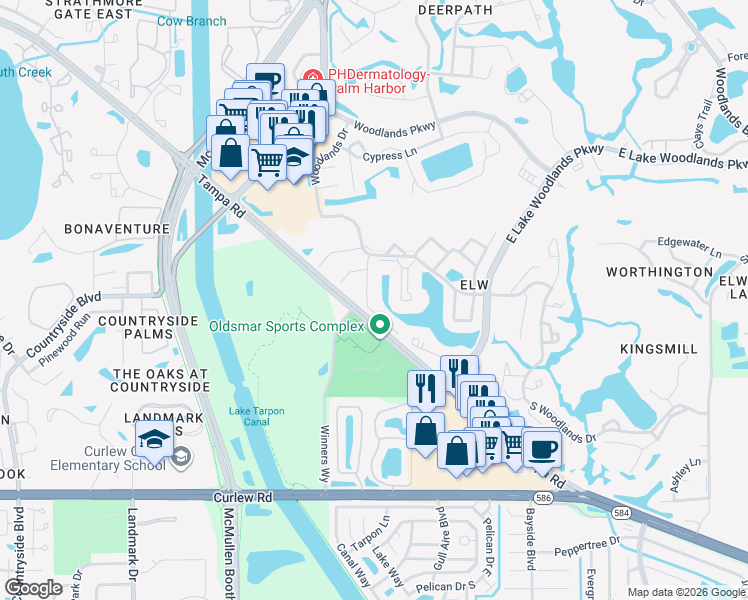 map of restaurants, bars, coffee shops, grocery stores, and more near 122 Lakeside Drive in Oldsmar