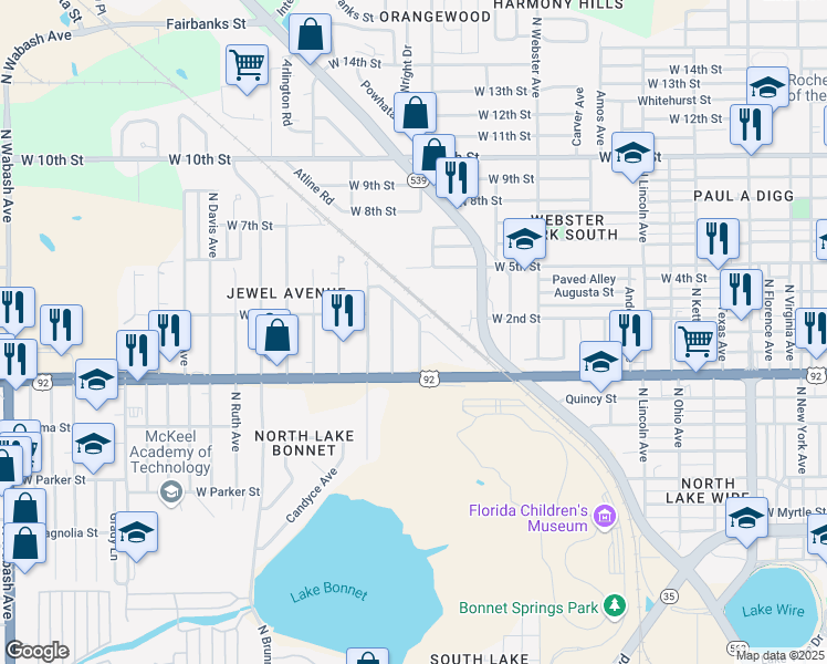 map of restaurants, bars, coffee shops, grocery stores, and more near 1038 Atlantic Road in Lakeland