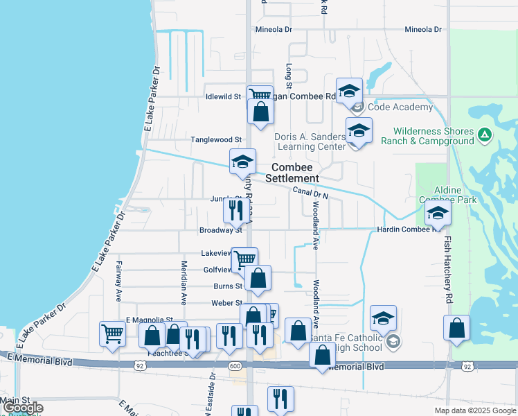 map of restaurants, bars, coffee shops, grocery stores, and more near 7 Lantana Lane in Lakeland