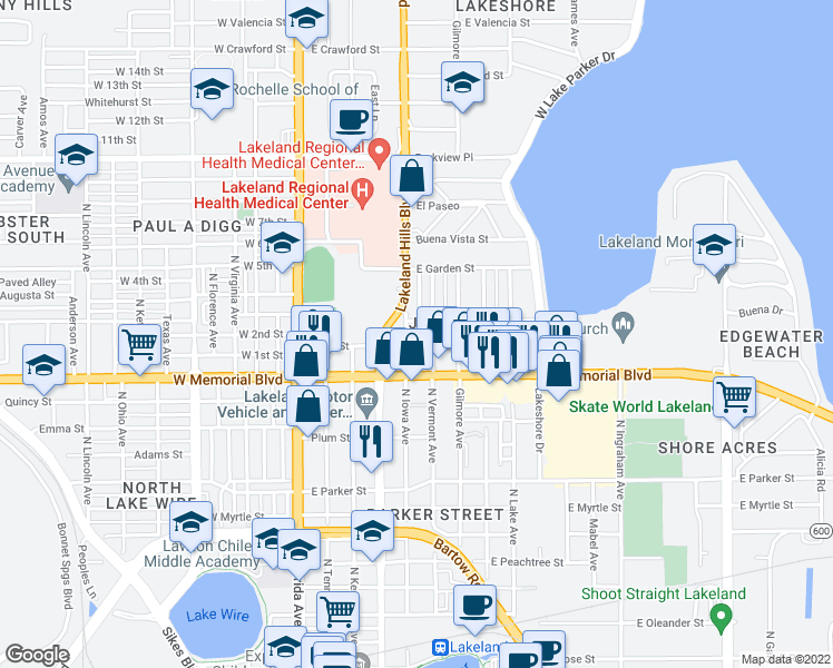 map of restaurants, bars, coffee shops, grocery stores, and more near 1026-1098 North Vermont Avenue in Lakeland