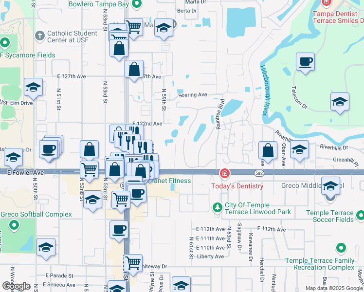 map of restaurants, bars, coffee shops, grocery stores, and more near 11714 Raintree Village Boulevard in Temple Terrace