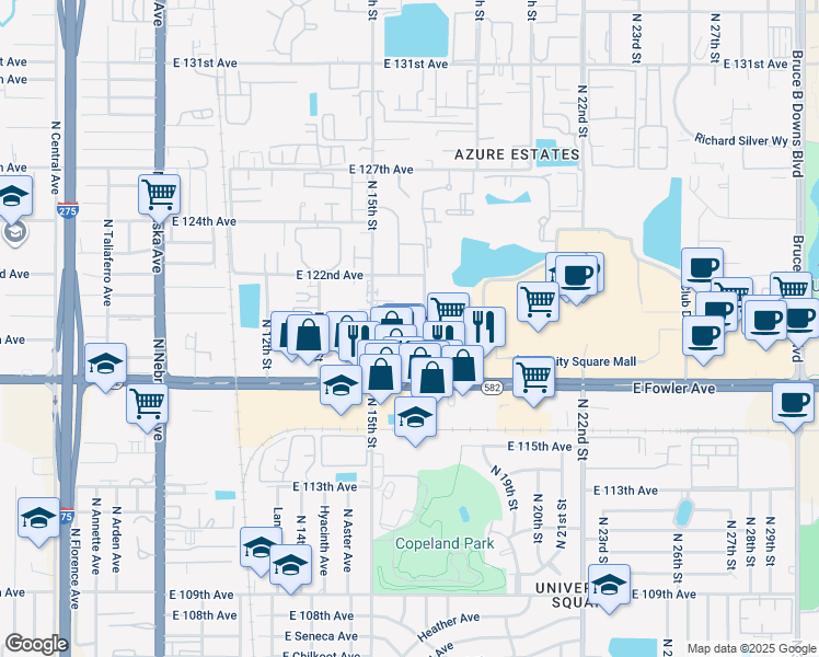 map of restaurants, bars, coffee shops, grocery stores, and more near 11722 North Elmer Street in Tampa
