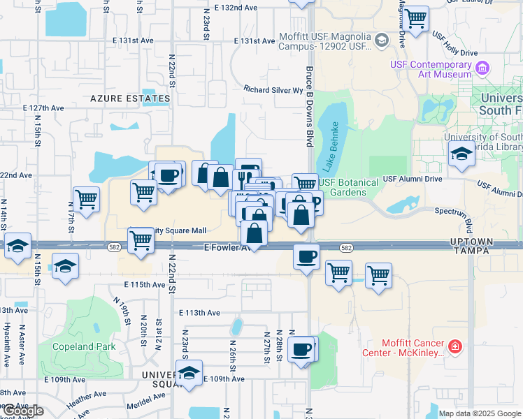 map of restaurants, bars, coffee shops, grocery stores, and more near 2618 East Fowler Avenue in Tampa