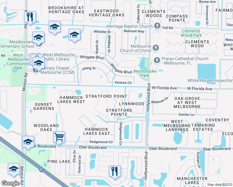 map of restaurants, bars, coffee shops, grocery stores, and more near 715 Sedgewood Circle in Melbourne