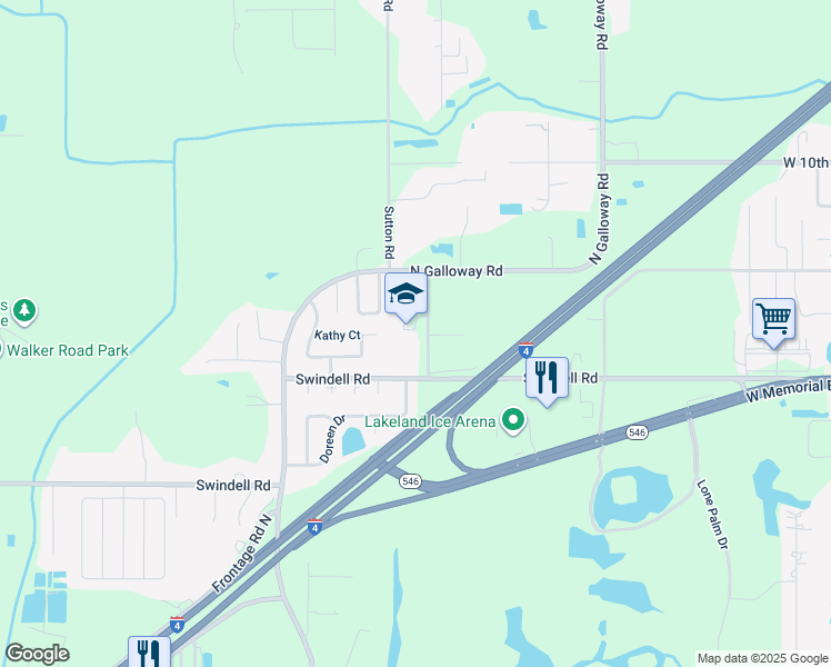 map of restaurants, bars, coffee shops, grocery stores, and more near 3415 Swindell Road in Lakeland