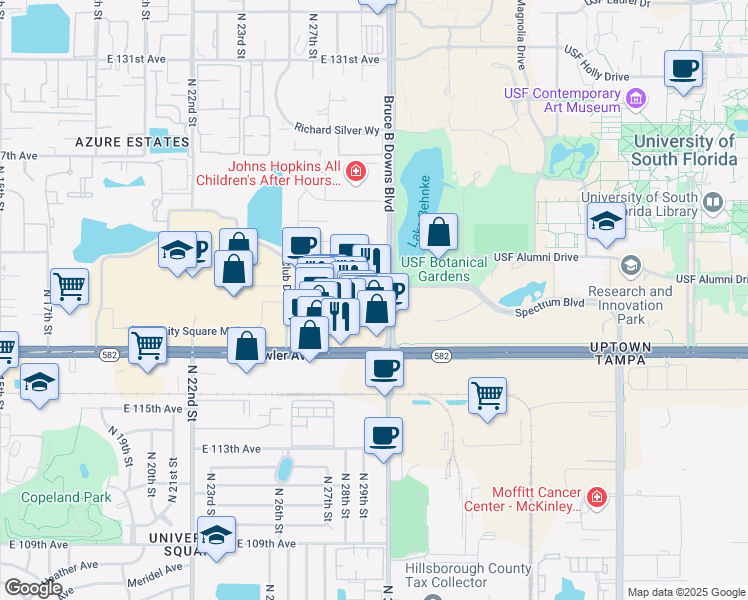 map of restaurants, bars, coffee shops, grocery stores, and more near 11852 Bruce B Downs Boulevard in Tampa