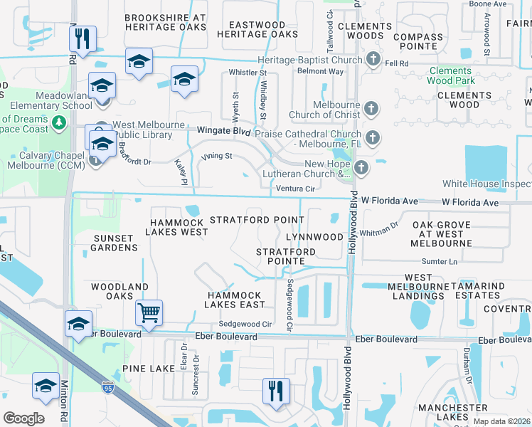 map of restaurants, bars, coffee shops, grocery stores, and more near 2740 Stratford Pointe Drive in Melbourne