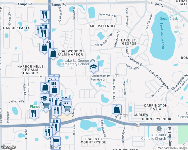 map of restaurants, bars, coffee shops, grocery stores, and more near 2855 County Road 95 in Palm Harbor