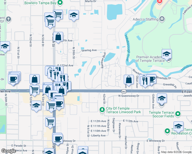 map of restaurants, bars, coffee shops, grocery stores, and more near 11801 Raintree Lake Lane in Tampa