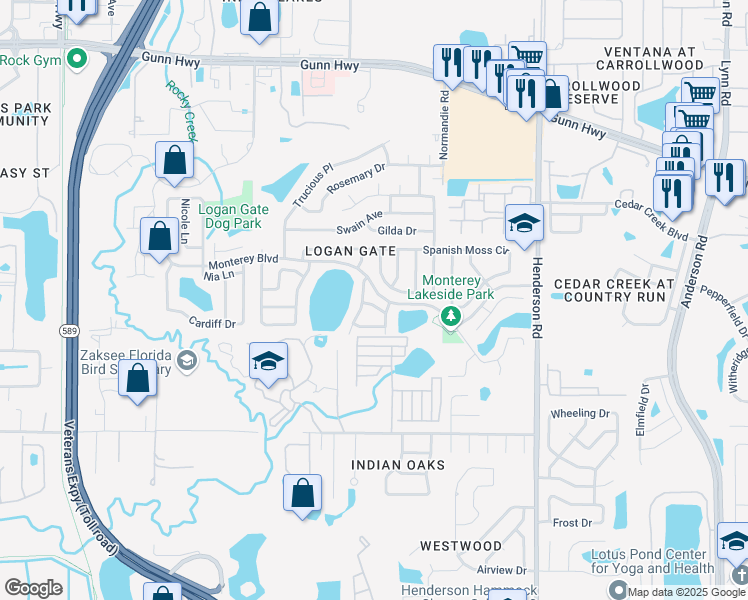 map of restaurants, bars, coffee shops, grocery stores, and more near 6807 White Cliffs Way in Tampa
