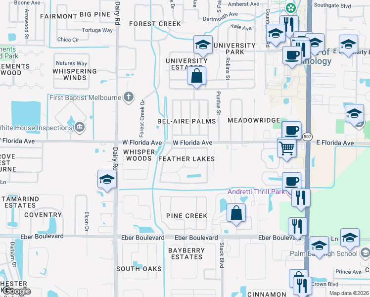 map of restaurants, bars, coffee shops, grocery stores, and more near 3617 Egret Drive in Melbourne