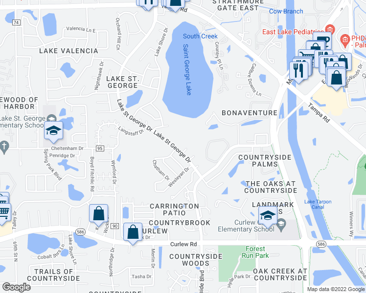 map of restaurants, bars, coffee shops, grocery stores, and more near 2863 Denmarsh Court in Palm Harbor