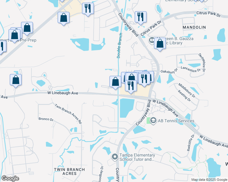 map of restaurants, bars, coffee shops, grocery stores, and more near 12321 West Linebaugh Avenue in Westchase