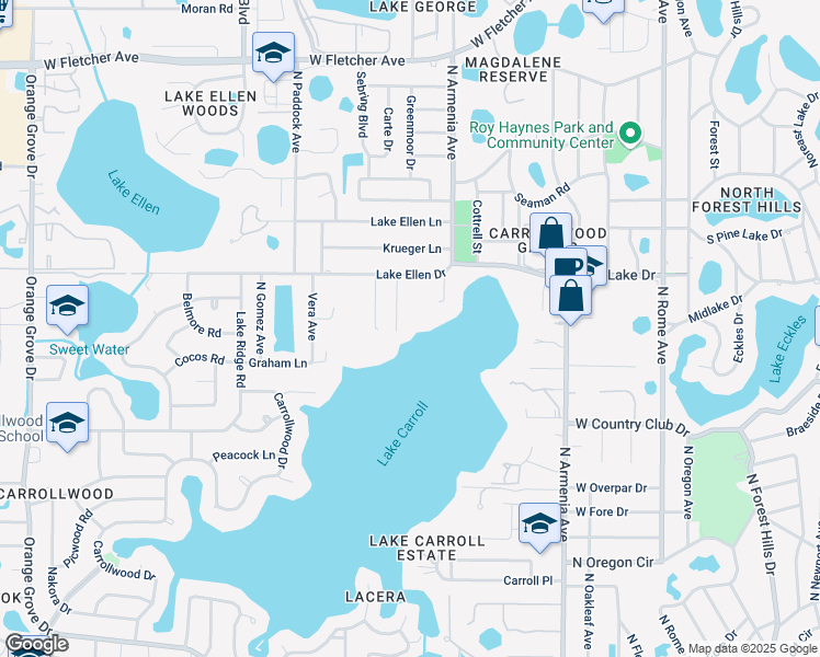 map of restaurants, bars, coffee shops, grocery stores, and more near 2522 Lake Ellen Drive in Tampa
