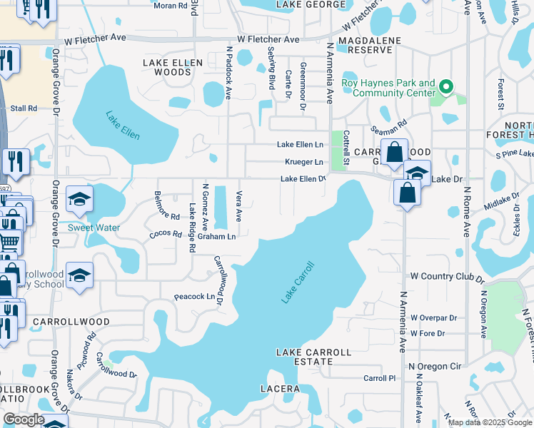 map of restaurants, bars, coffee shops, grocery stores, and more near 2550 Lake Ellen Drive in Tampa