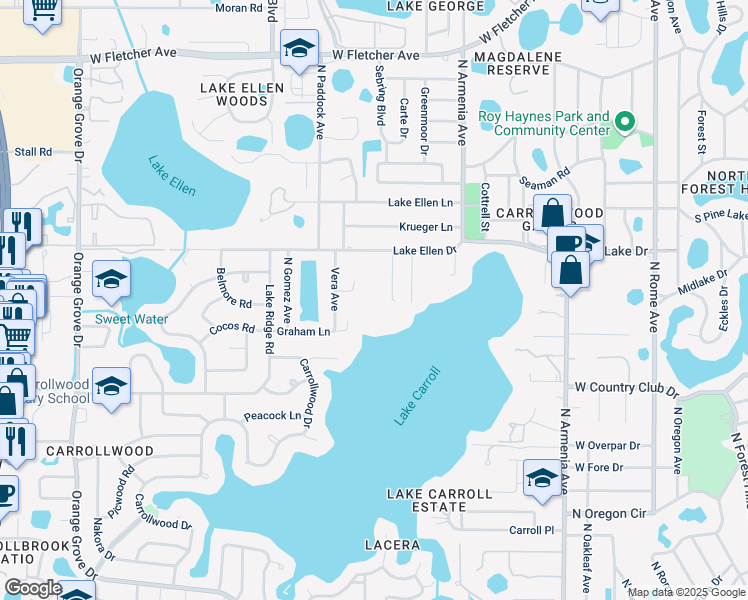 map of restaurants, bars, coffee shops, grocery stores, and more near 2550 Lake Ellen Drive in Tampa