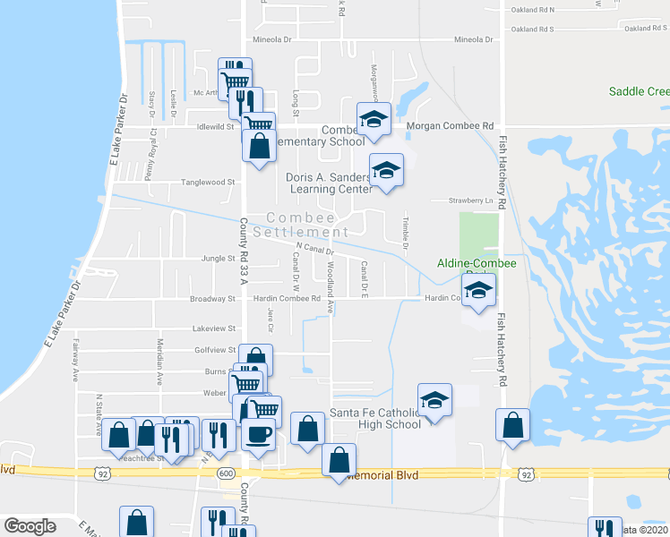 map of restaurants, bars, coffee shops, grocery stores, and more near 1035 Woodland Avenue in Lakeland