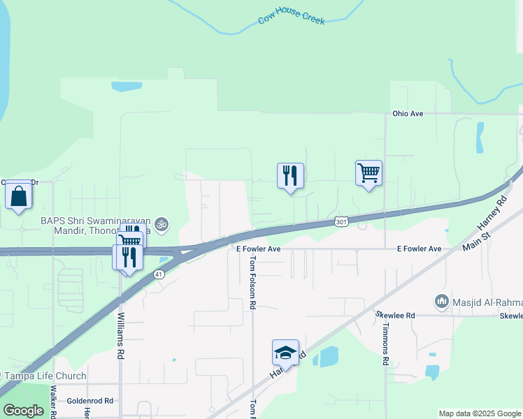 map of restaurants, bars, coffee shops, grocery stores, and more near 11711 Tom Folsom Road in Thonotosassa