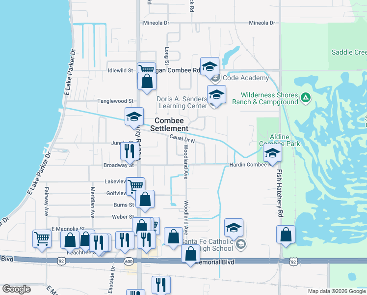 map of restaurants, bars, coffee shops, grocery stores, and more near 1033 Pineview Place in Lakeland