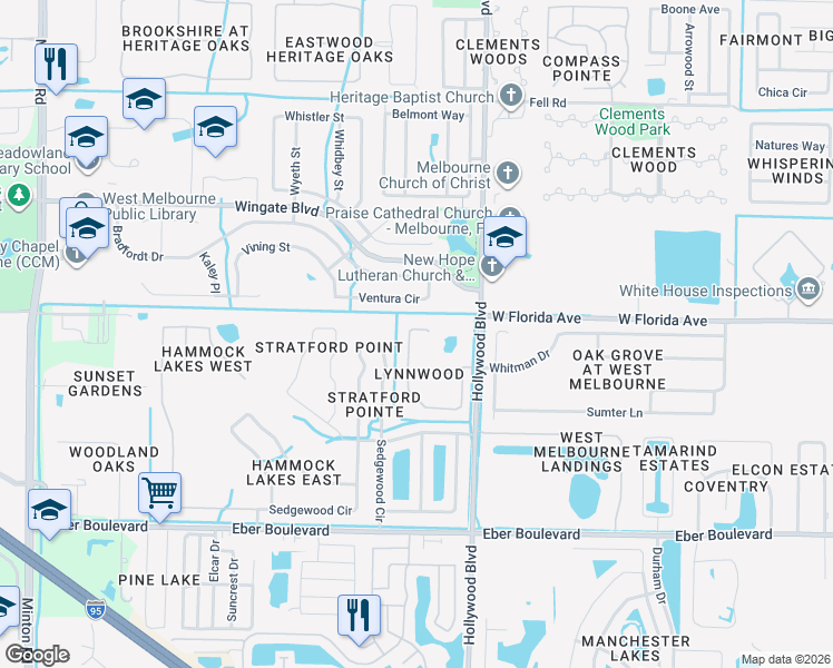 map of restaurants, bars, coffee shops, grocery stores, and more near 993 Hailey Street in Melbourne