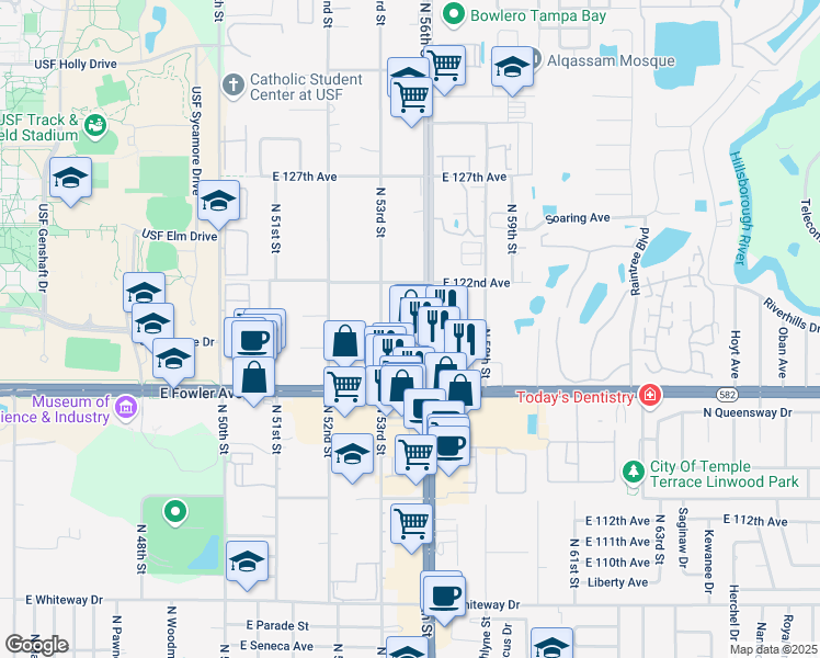 map of restaurants, bars, coffee shops, grocery stores, and more near 11903 North 53rd Street in Temple Terrace