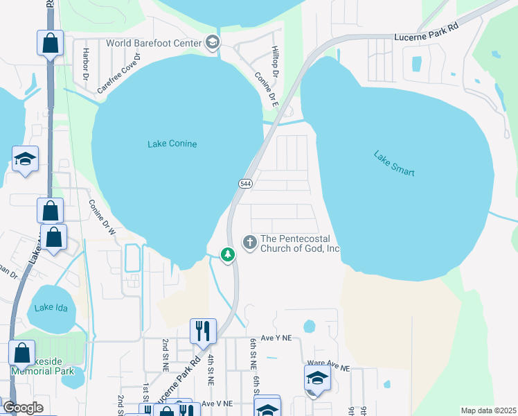 map of restaurants, bars, coffee shops, grocery stores, and more near 507 Lake Smart Boulevard in Winter Haven
