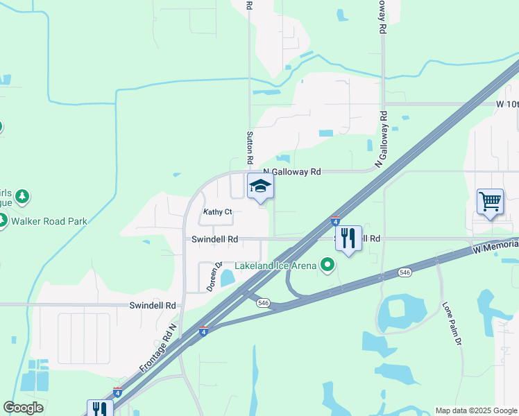 map of restaurants, bars, coffee shops, grocery stores, and more near 3415 Swindell Road in Lakeland