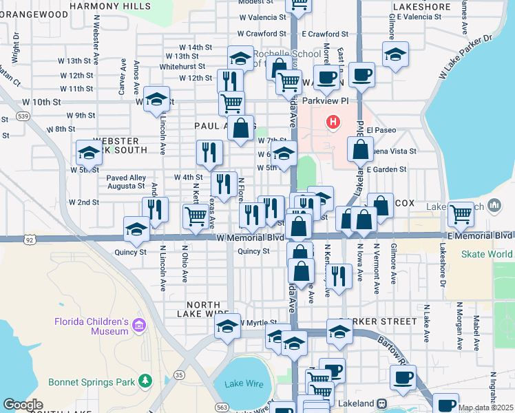 map of restaurants, bars, coffee shops, grocery stores, and more near 1028 North Virginia Avenue in Lakeland