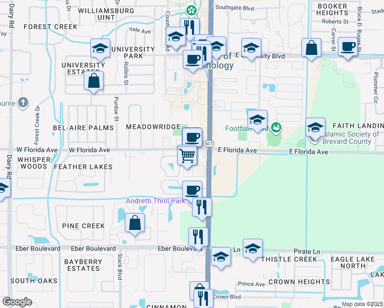 map of restaurants, bars, coffee shops, grocery stores, and more near 3512 D'Avinci Way in Melbourne