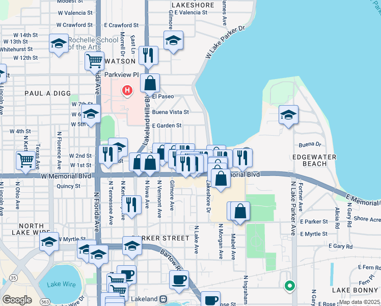 map of restaurants, bars, coffee shops, grocery stores, and more near 744 East 1st Street in Lakeland