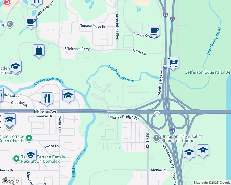 map of restaurants, bars, coffee shops, grocery stores, and more near 11723 Unicorn Road in Tampa