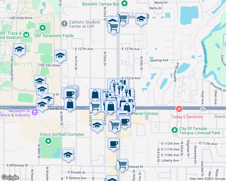map of restaurants, bars, coffee shops, grocery stores, and more near 11903 North 53rd Street in Temple Terrace