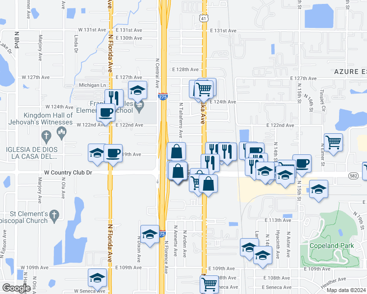map of restaurants, bars, coffee shops, grocery stores, and more near 709 East 119th Avenue in Tampa