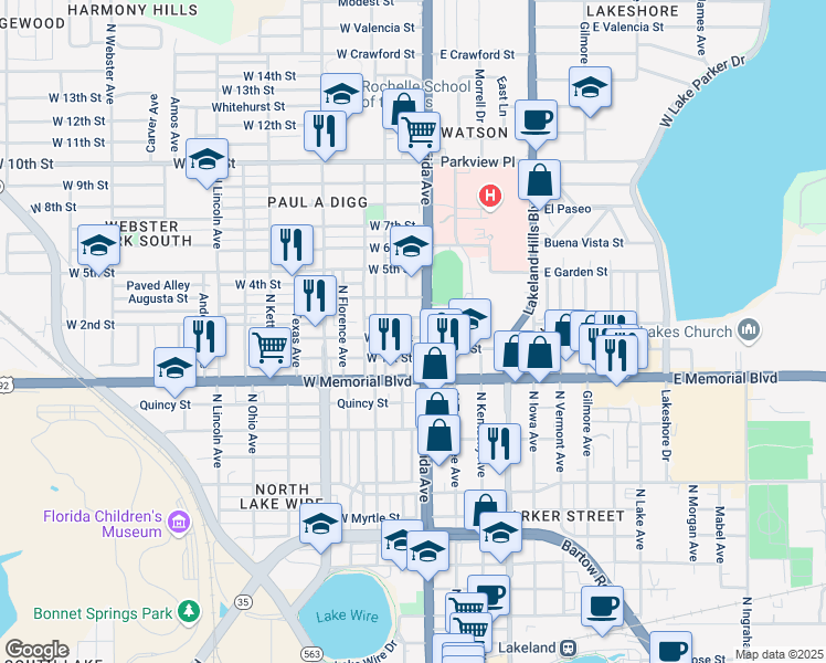 map of restaurants, bars, coffee shops, grocery stores, and more near 207 West 1st Street in Lakeland