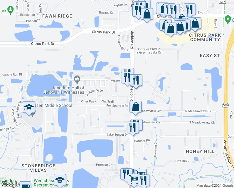 map of restaurants, bars, coffee shops, grocery stores, and more near 8901 Sheldon West Drive in Tampa