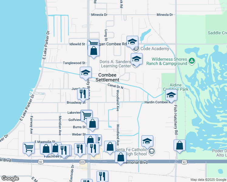 map of restaurants, bars, coffee shops, grocery stores, and more near 1043 Pineview Place in Lakeland